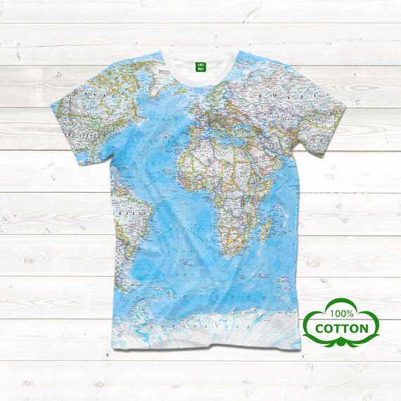 World Map Tshirt Cotton Tee Pattern All Over Print Full Image Etsy