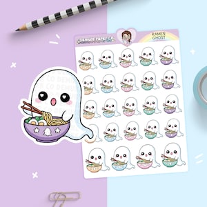 Ghost Ramen Planner Sticker Sheet, Pastel Rainbow Kawaii Cute Halloween Journaling Stickers, Date Night Lunch Date Cooking Stickers