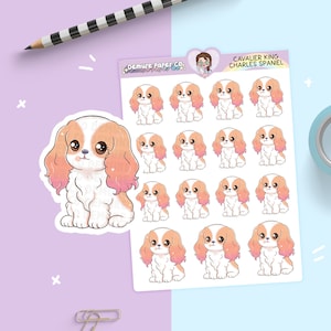 Planificateur de chien mignon feuille d'autocollants, autocollants Kawaii Cavalier King Charles Spaniel, Hobonichi Cousin Happy Planner Journal Stickers