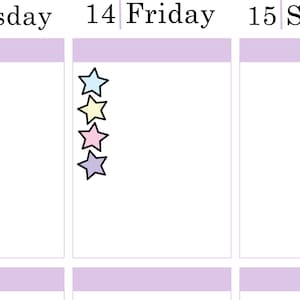 May include: A weekly planner with a purple border and four colorful stars on Friday, the 14th.