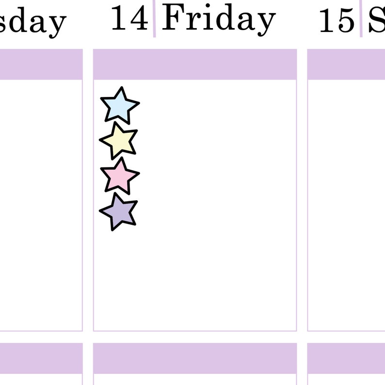 May include: A weekly planner with a purple border and four colorful stars on Friday, the 14th.