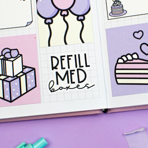 May include: A planner spread with stickers featuring balloons, gifts, and cake. A sticker with the text "REFILL MED boxes" is centered. The color scheme includes purple, white, and light yellow.