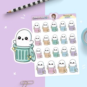 Ghost Trashcan Trash Day Planner Sticker Sheet, Pastel Rainbow Kawaii Cute Halloween Journaling Stickers