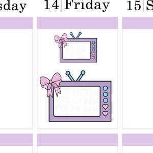 May include: A purple television with a pink bow on top. The television has a white outline and blue antenna. There are four blue circles and two pink hearts on the screen.