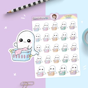 Ghost Laundry Basket Planner Sticker Sheet, Pastel Rainbow Kawaii Cute Halloween Journaling Stickers
