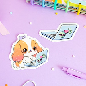 Agenda avec découpes chien kawaii avec ordinateur portable, embellissements pour scrapbooking, fabrication de cartes, décoration d'agenda, fournitures de journalisme, espace extraterrestre