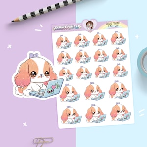 May include: A sheet of 16 stickers featuring a cute cartoon dog with a pink bow, brown fur, and big eyes, using a laptop. The text "DOG WITH LAPTOP" is at the top of the sheet. The stickers are perfect for adding a touch of whimsy to your planner, laptop, or water bottle.