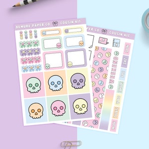 Kit d'autocollants hebdomadaire Hobonichi Cousin crânes arc-en-ciel/Feuilles d'autocollants planificateur pastel gothiques mignons/colonnes de 1,3 po de largeur