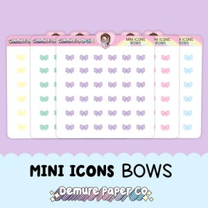 May include: Four sheets of stickers with different coloured bows. The stickers are arranged in a grid pattern. The text "Mini Icons Bows" is at the bottom of the image. The text "Demure Paper Co." is at the bottom of the image.