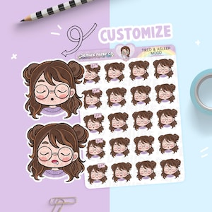 Autocollants personnalisés personnage fatigué et endormi, autocollants de planificateur de suivi de l'humeur émotion, Emoti jolie fille Chibi Kawaii Kawaii, Original dessiné à la main