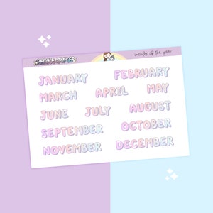 May include: A sheet of pastel-colored stickers with the months of the year written in a whimsical font. The stickers are perfect for planners, journals, and other craft projects.