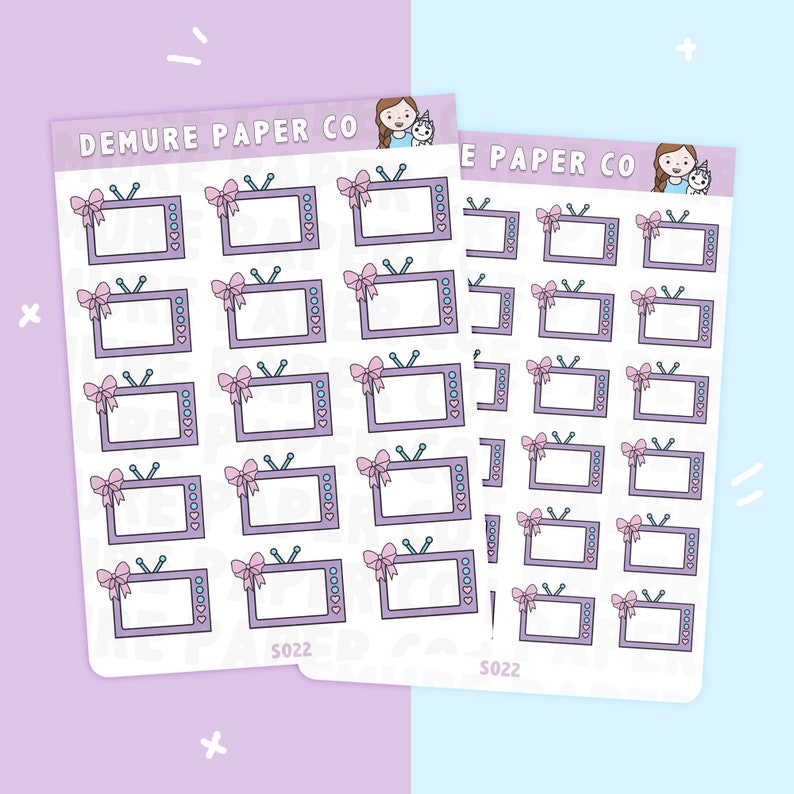 May include: A sheet of stickers featuring a repeating pattern of television sets with pink bows. The stickers are on a white background and have the text "DEMURE PAPER CO" and "S022" printed on them.