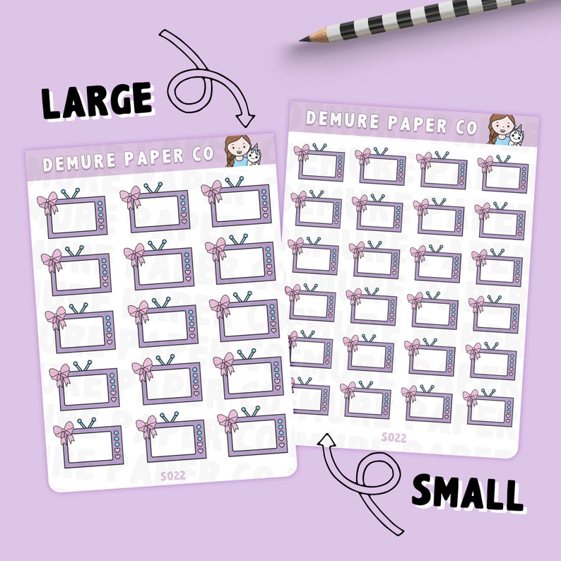 May include: Two sheets of stickers featuring a television with a pink bow. The larger sheet has 16 stickers and the smaller sheet has 36 stickers. Both sheets have the text "DEMURE PAPER CO" and "S022".