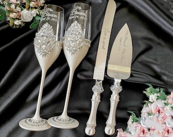 Wedding cake cutting set and wedding pitcher, wedding decanter and glasses for bride and groom, wedding cake server and knife