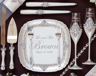 Personalized Wedding Cake Cutting Set: Rhinestone Champagne Flutes & Serving Set