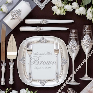 Wedding cake cutting set , personalized champagne glasses,  wedding knife and server,  bling serving set for wedding