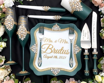 green wedding cake serving set, green wedding knife set , wedding cake cutter, green wedding flute