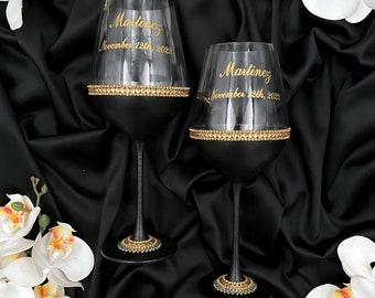 Wine wedding glasses, Wedding wine flutes personalized, Black gold cake cutting set, Wedding serving set, wine wedding set