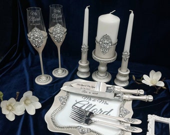 Wedding cake cutting set silver, wedding glasses, unity candles set and candle holders