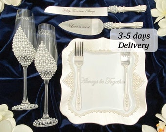 Set of 7 items, pearls wedding cake cutter set, toasting glasses for bride and groom, wedding cake plate and forks