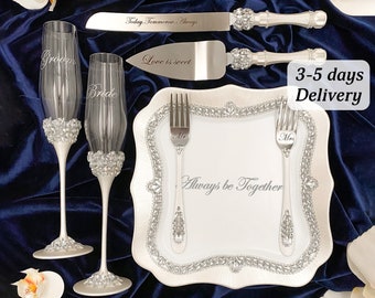 Set of 7 items, wedding flutes for bride and groom, wedding cake serving set,  wedding cake plate and forks