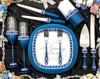 navy wedding cake cutting set, royal blue wedding glasses  blue wedding cake knife set royal blue wedding champagne flutes