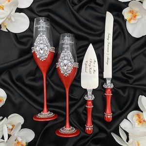 Personalized wedding glasses and cake cutting set,  wedding cake serving set and personalized flutes for bride and groom,  cake cutter set
