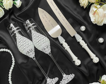 Pearl Wedding Cake Serving Set: Champagne Flutes, Unity Candles