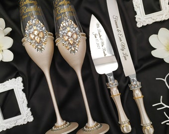 wedding cake cutting set, wedding glasses for bride and groom, wedding knife and server set light beige