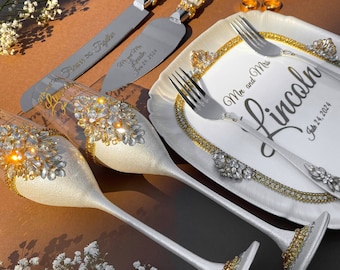 Silver gold wedding cake cutting set, personalized wedding glasses for bride and groom, wedding knife and server