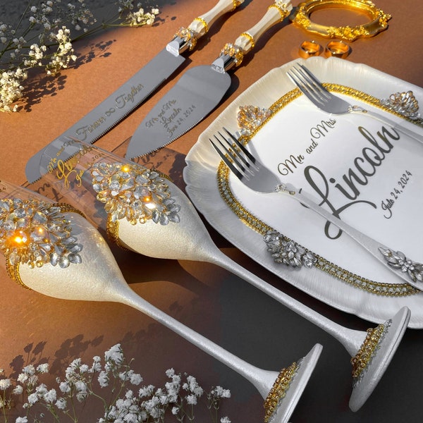 Silver gold wedding cake cutting set, personalized wedding glasses for bride and groom, wedding knife and server