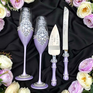 lavender wedding flutes and cake server sets lilac wedding glasses for bride and groom purple cake cutting set personalized