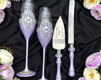 lavender wedding flutes and cake server sets lilac wedding glasses for bride and groom purple cake cutting set personalized