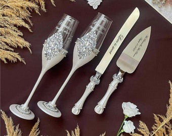 Wedding glasses, cake cutting set, unity candles set, wedding knife and server