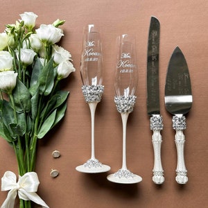 Wedding champagne flutes, wedding cake knife, wedding cake server set