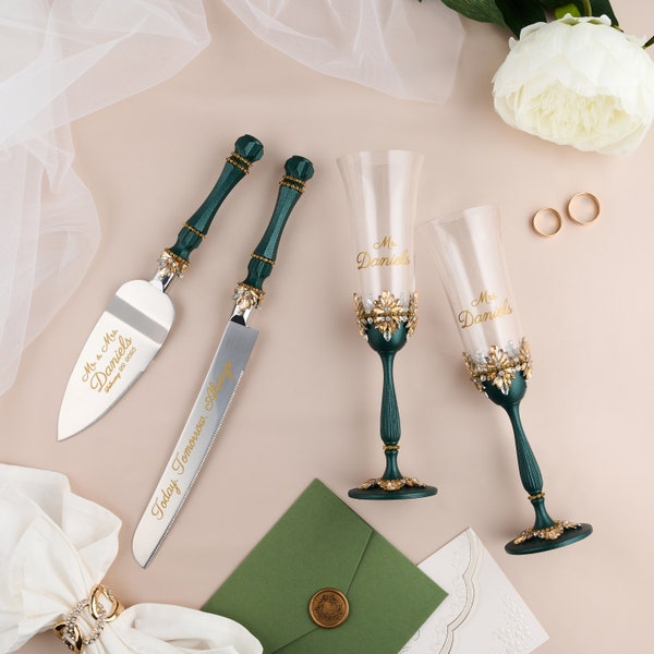 Green gold wedding champagne flutes and cake knife and server Rhinestone flutes personalized Crystal toasting flutes and cake serving sets