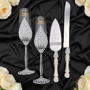 pearl cake cutting set Ivory wedding toasting flutes Unity candles set Cake knife and cutter Wedding serving set
