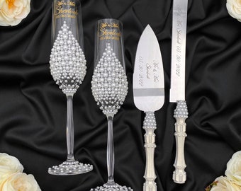 Pearl Wedding Cake Cutting Set: Champagne Flutes, Unity Candles