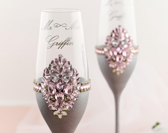 Set personalizzato con flûte da champagne e set per il taglio della torta con strass.