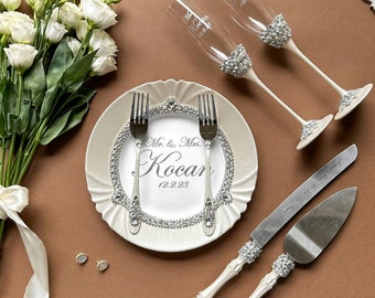 Personalized Wedding Flutes and Cake Server Set: Engraved Toasting Glasses
