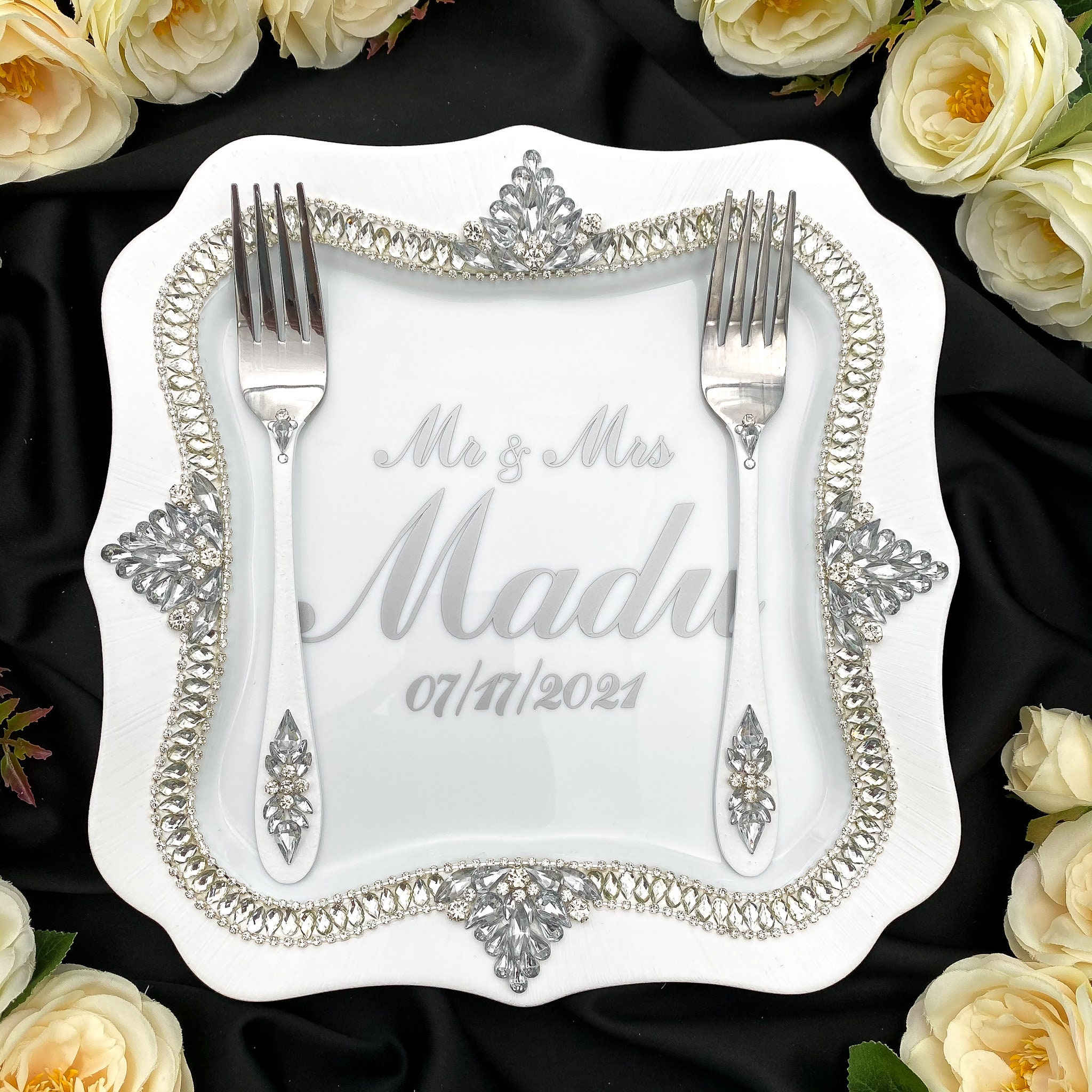 White wedding champagne glasses and cake server set Plate and Etsy