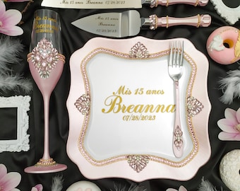 Quinceañera Brindis Set: Pink Glass Champagne Flute, Cake Server