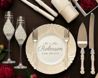 Juego de corte de pastel de bodas Pearl: Copas de champán, velas de unidad