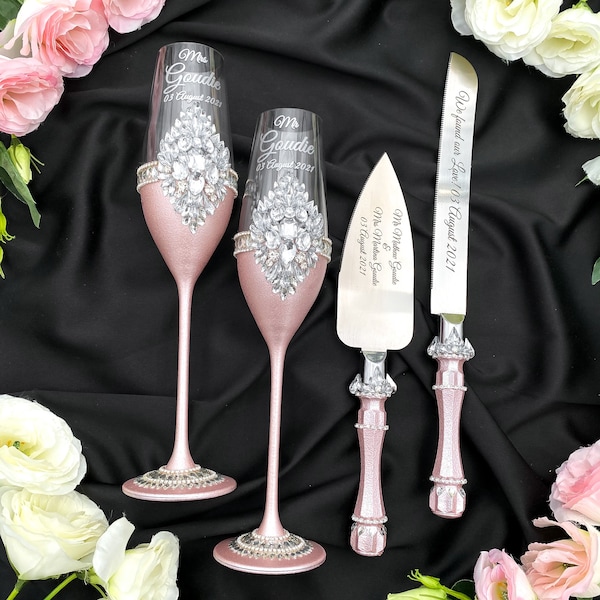 Pink Wedding Cake Cutting Set: Rhinestone Knife and Champagne Flutes