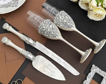 Copas de champán y juego para cortar el pastel de boda personalizados: Cristal de diamantes de imitación