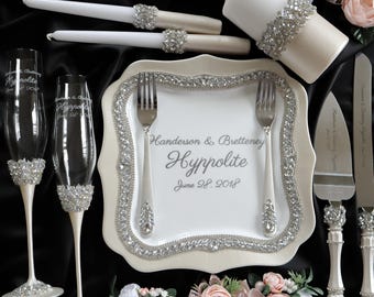 Copas de champán personalizadas para boda y juego para cortar el pastel