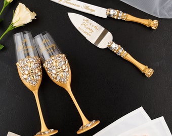 Juego de servir pastel de bodas dorado personalizado: copas de diamantes de imitación y cuchillo