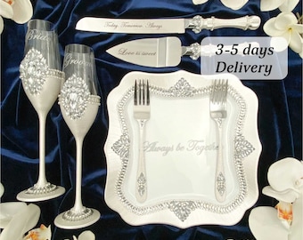 Set of 7 items, wedding cake cutting set, wedding glasses for bride and groom, wedding cake plate and forks