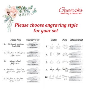 Puede incluir: Una gu&iacute;a de diferentes estilos de grabado para flautas de boda, platos y juegos de servicio de pastel. La imagen muestra diez estilos de grabado diferentes con ejemplos de nombres y fechas.