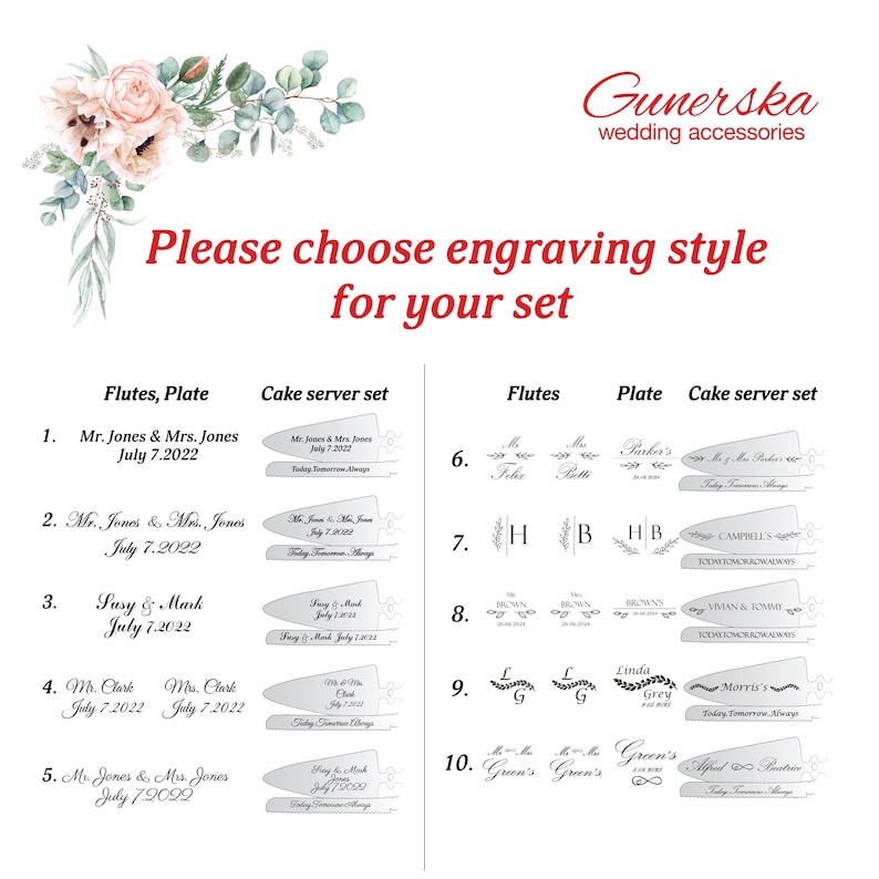 Puede incluir: Una gu&iacute;a de diferentes estilos de grabado para flautas de boda, platos y juegos de servicio de pastel. La imagen muestra diez estilos de grabado diferentes con ejemplos de nombres y fechas.